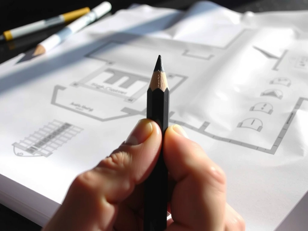 Main de designer tenant un crayon graphite sur un plan architectural précis